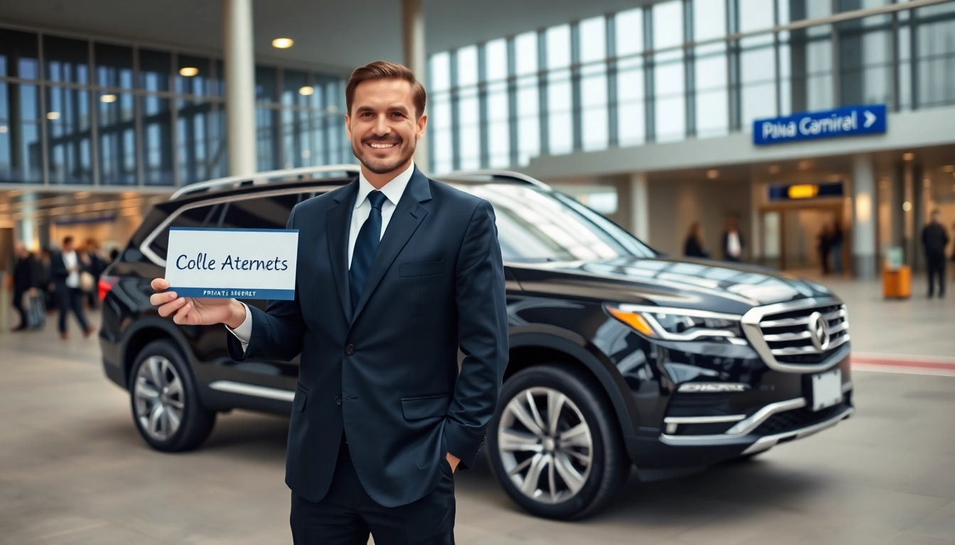Efficient private airport transfers showcased with a professional chauffeur assisting a traveler outside the terminal.