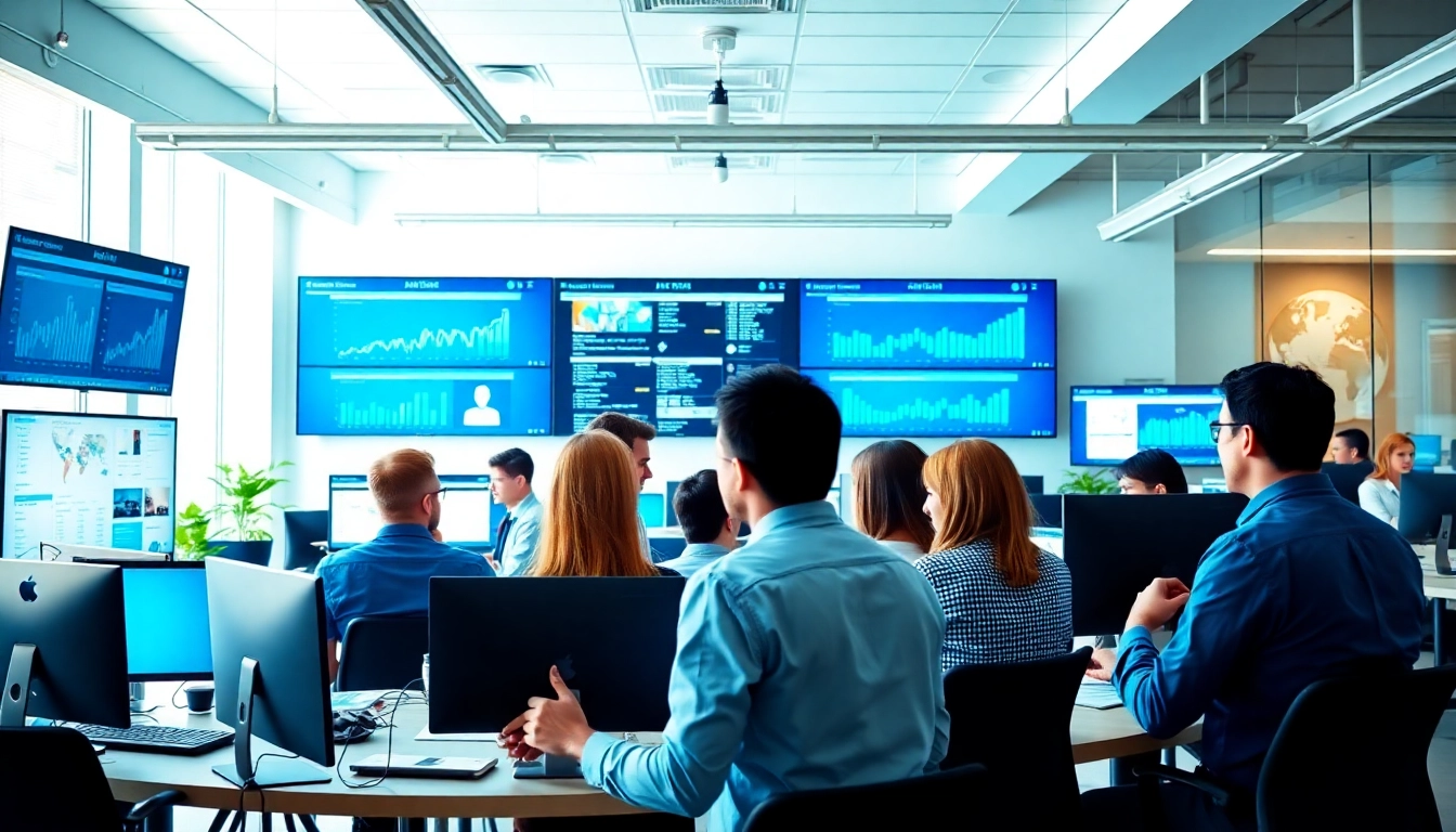 Social media marketing companies edmonton team collaborating in a dynamic modern office.