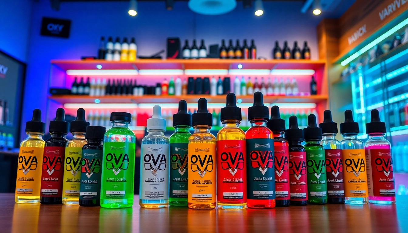 Oxva Liquid in vibrant bottles showcased in a modern vape shop environment.