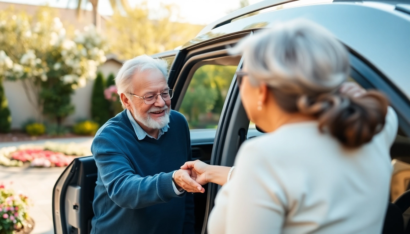 Elderly transportation services facilitating safe travel for seniors, showcasing caregiver and client assistance.