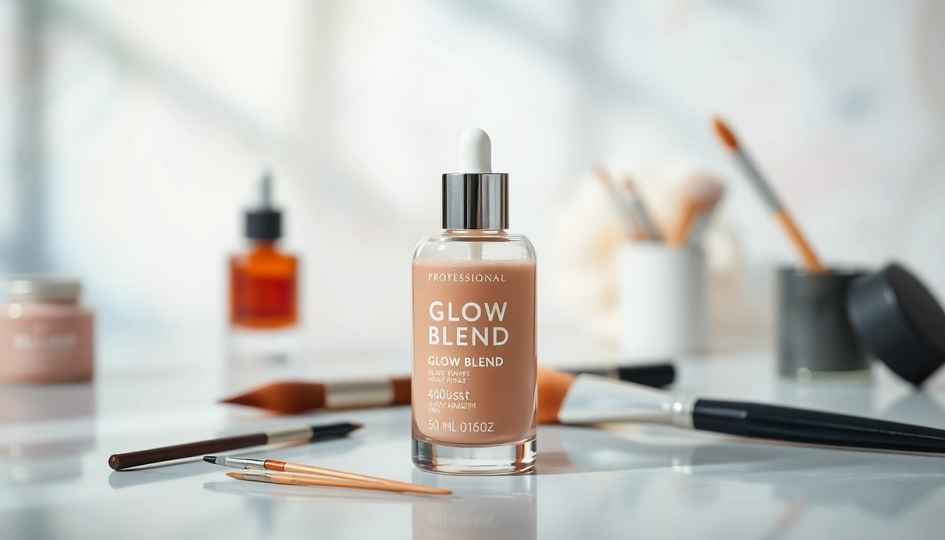Enhance your skin with Glow Blend—an elegant skincare product showcased in a serene studio setting.