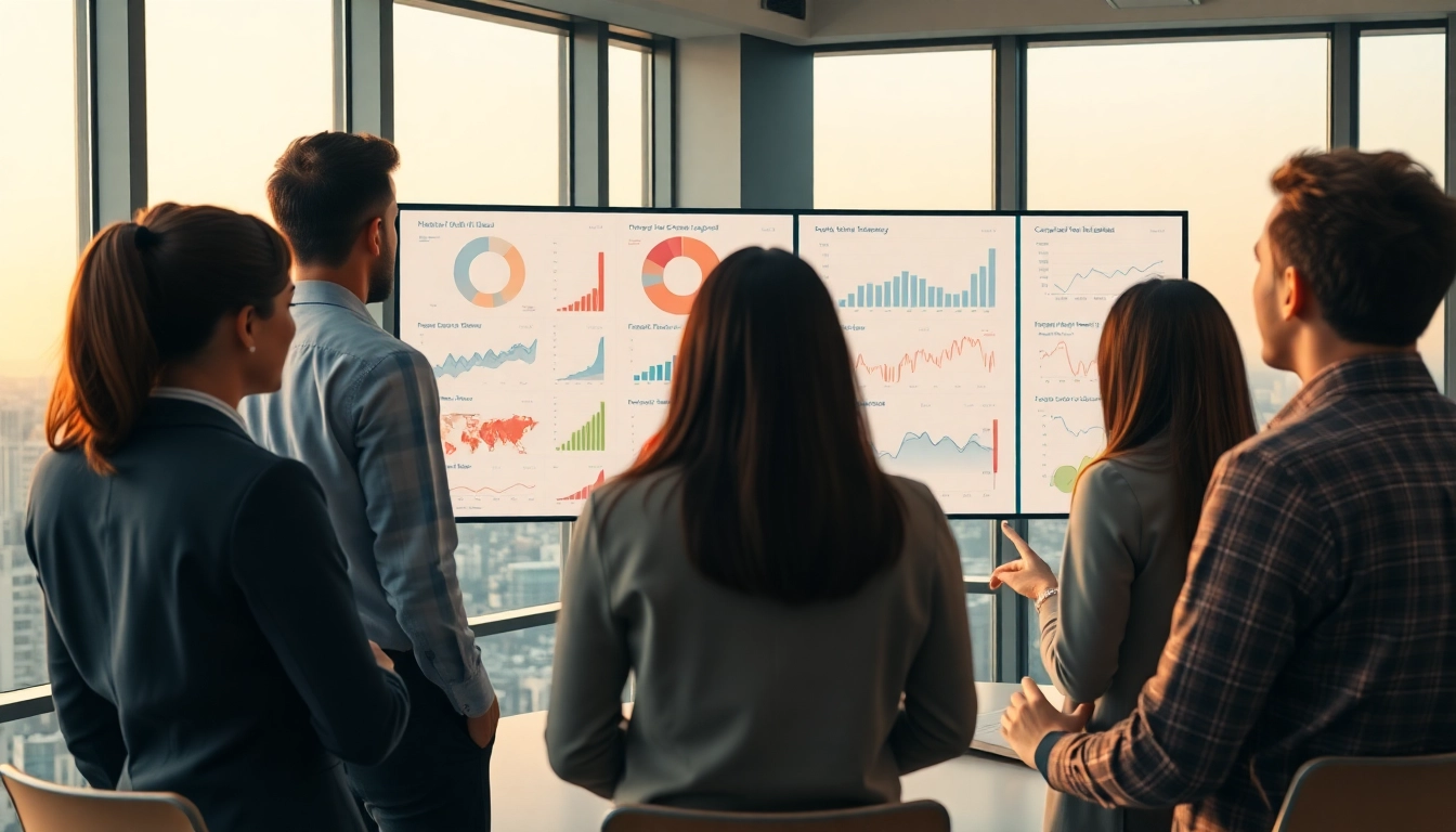 Collaborative team analyzing data insights on AI for competitive intelligence in an office.