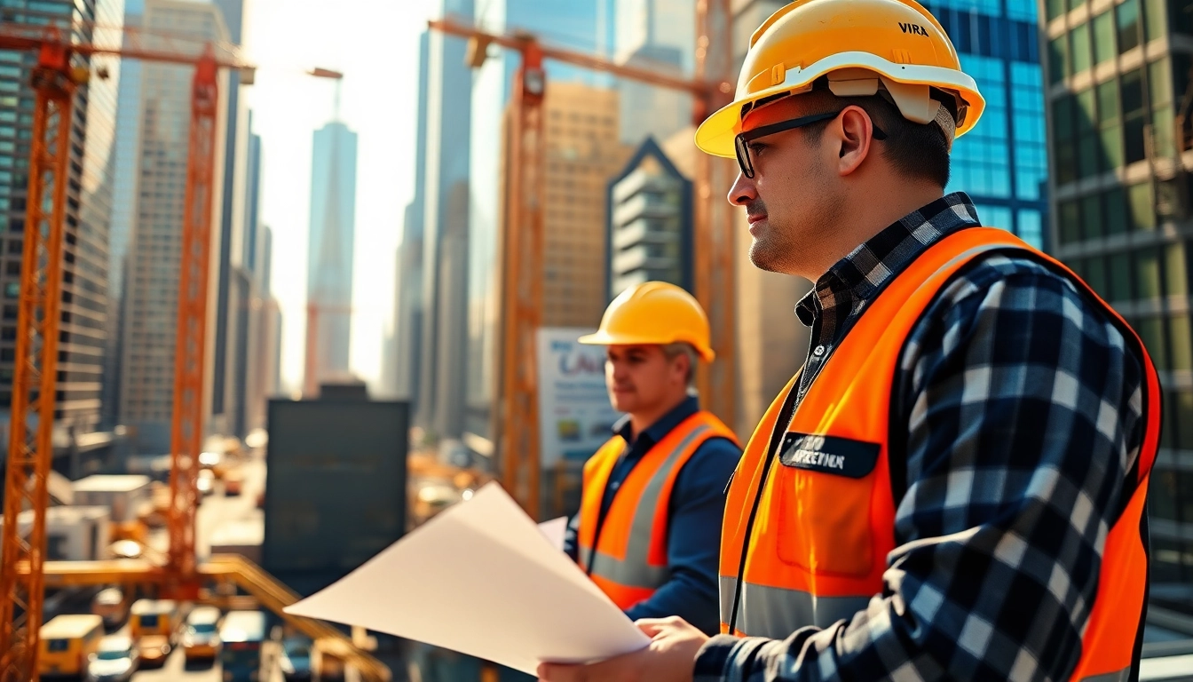 New York Construction Manager supervising a busy construction site in New York City.