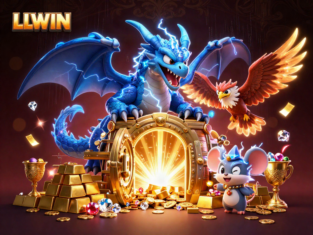 Engage in thrilling gameplay at LLWIN with an electrifying scene featuring a thunder dragon, wind hawk, and treasure.