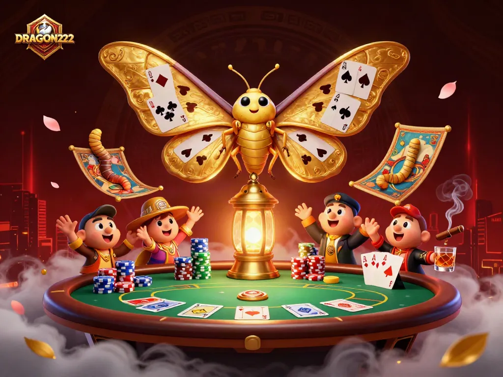 Engage with DRAGON222, featuring massive poker chip towers and a vibrant moth illustration.