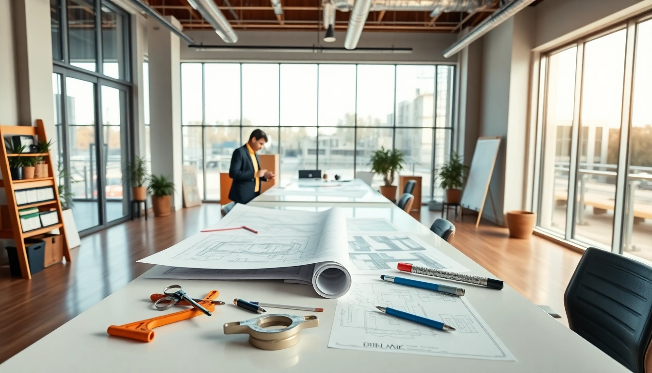 Visual representation showcasing construction design services with vibrant materials and architectural tools.