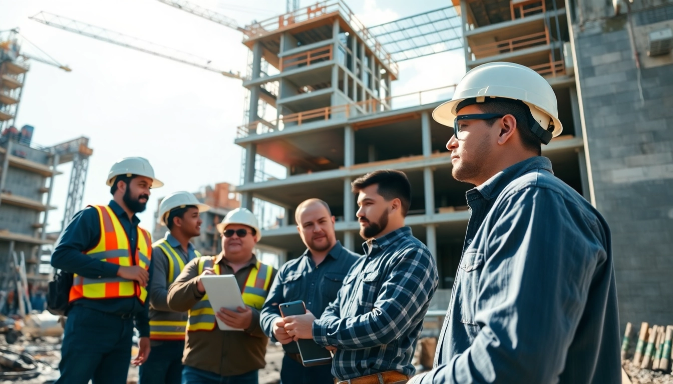 Construction career professionals collaborating on a busy worksite with tools and cranes visible.