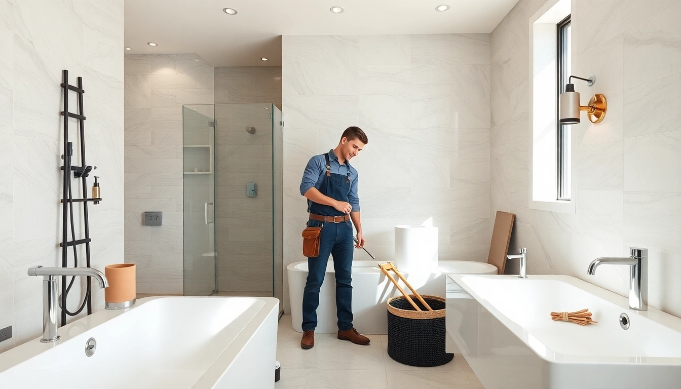 Experienced bathroom installers working on a modern renovation project, showcasing quality craftsmanship.