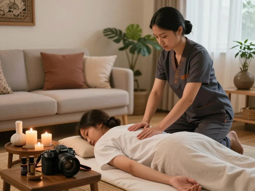 Relaxing massage session showcasing maxim-anma.net's premium at-home therapy service in a cozy environment.