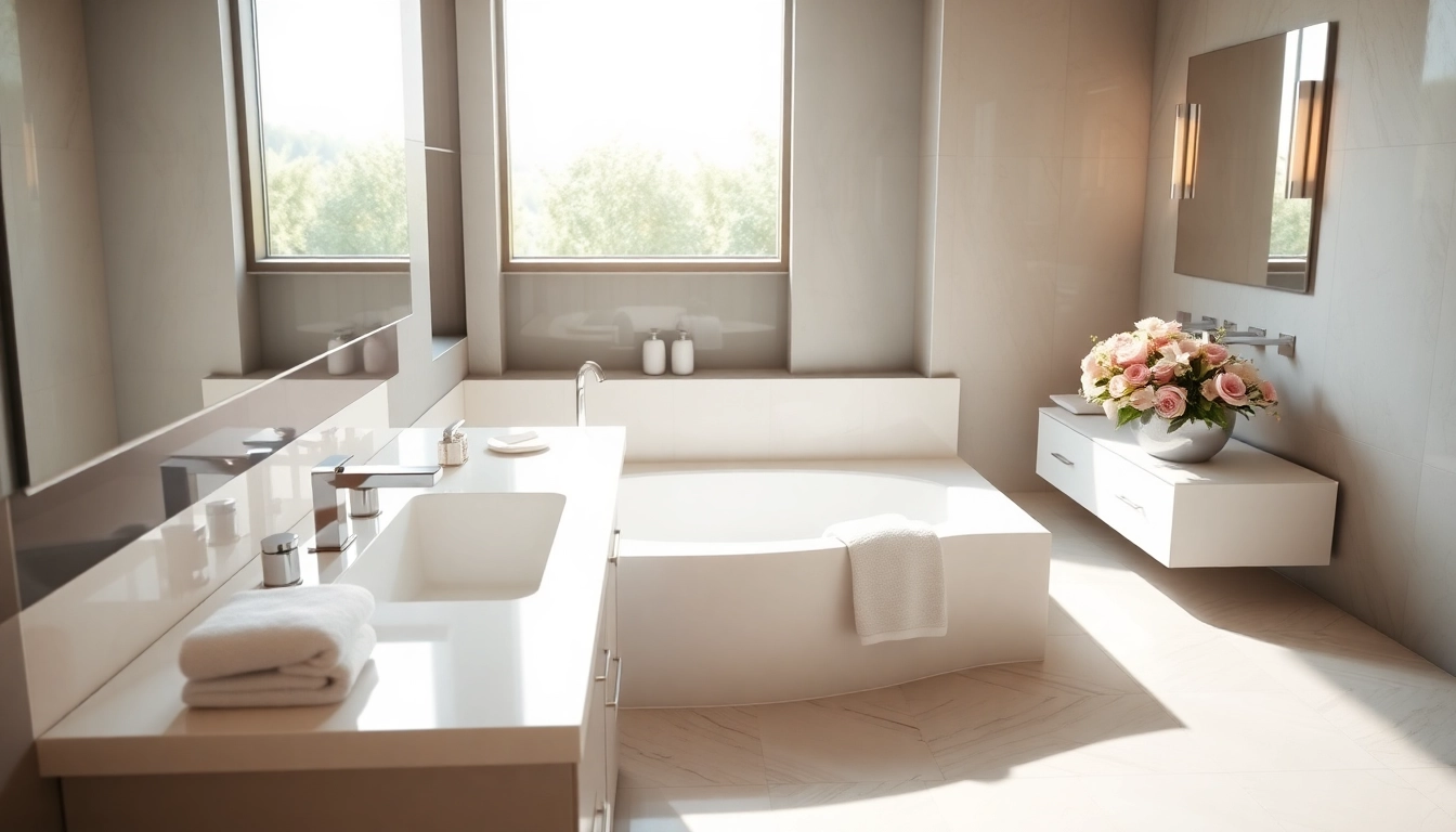 Design a tranquil elegant bathrooms with modern fixtures and a soothing color palette.