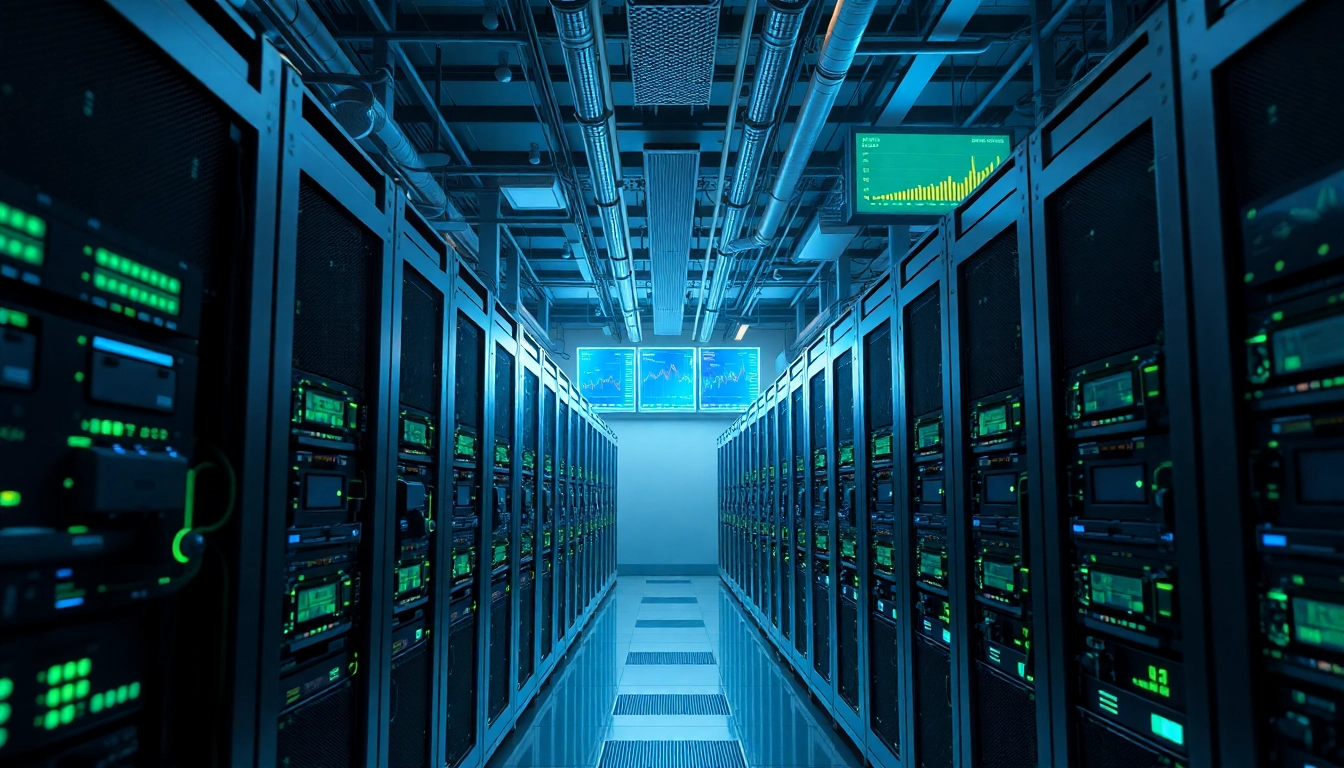 Bitcoin mining operation with advanced miners in a high-tech data center setting.