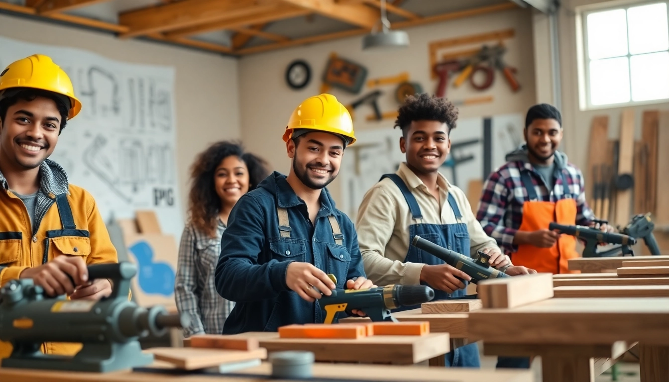 Students in construction trade schools in Texas actively learning skills with tools in a workshop.