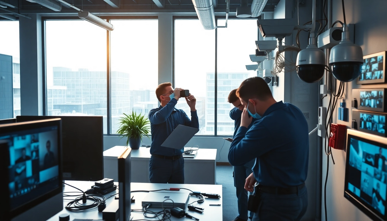 Equipo profesional instalando sistemas de seguridad en una oficina de una empresa de seguridad, mostrando tecnología avanzada y experiencia.