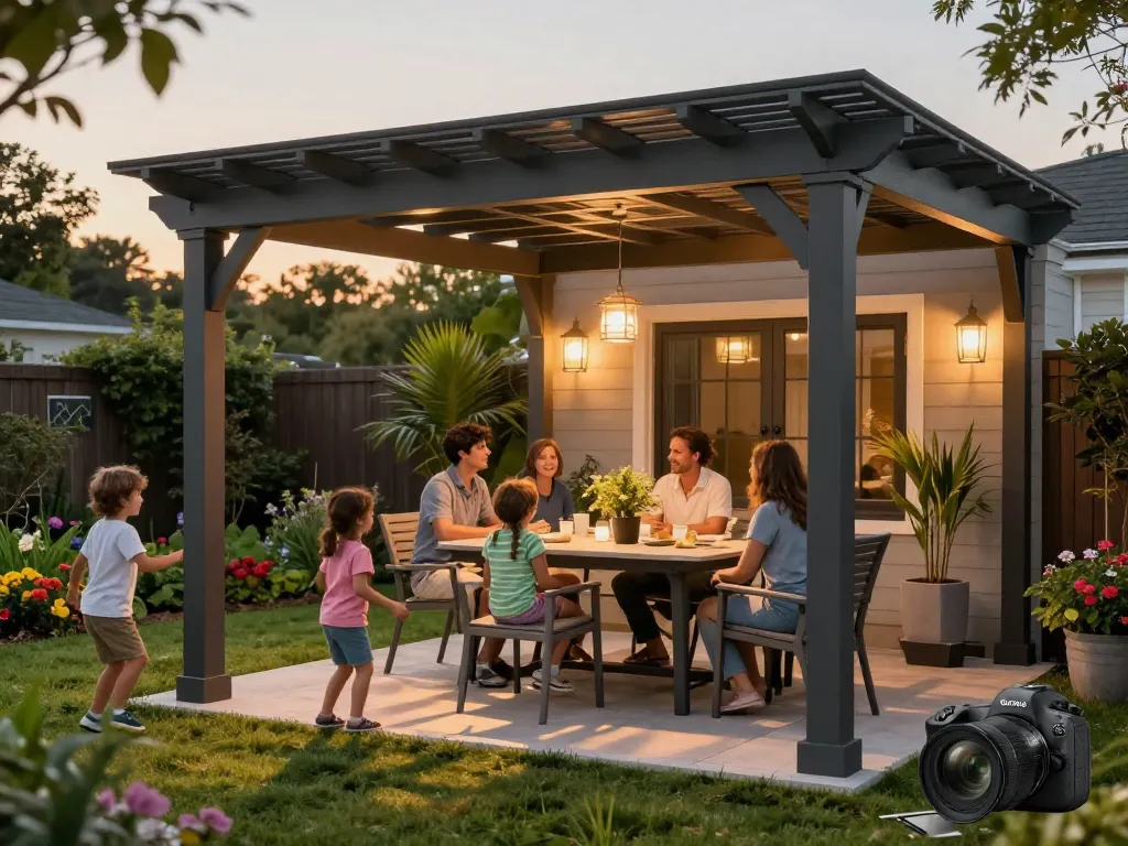 Experience a vibrant family gathering under a customizable 3D pergola configurator, showcasing stylish outdoor living.