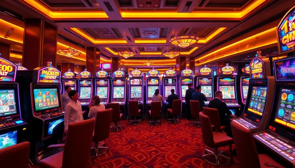 Bermain ramai di mesin pakde4d slot dengan suasana kasino yang mewah dan menyemarakkan.