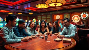 Experience the thrill of rr88com as players engage in poker at a bustling casino, surrounded by vibrant slot machines.