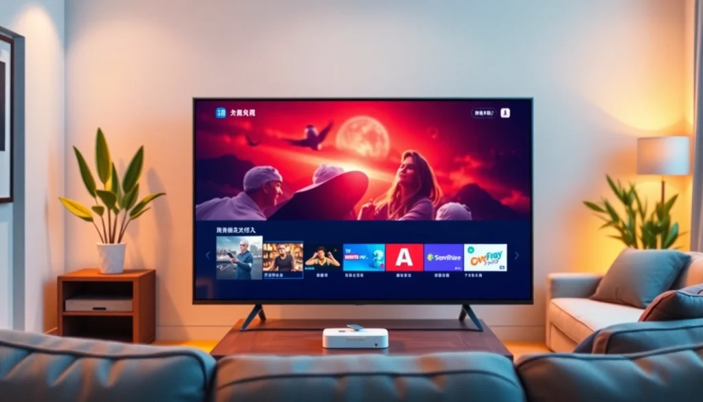 오징어티비의 내용을 생생히 보여주는 현대적인 거실의 TV 화면