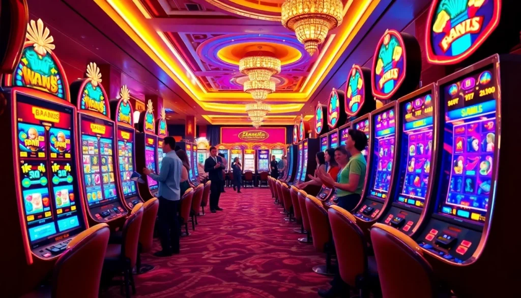 Permainan pakde4d slot dengan mesin slot berwarna-warni dan pemain yang bersemangat.