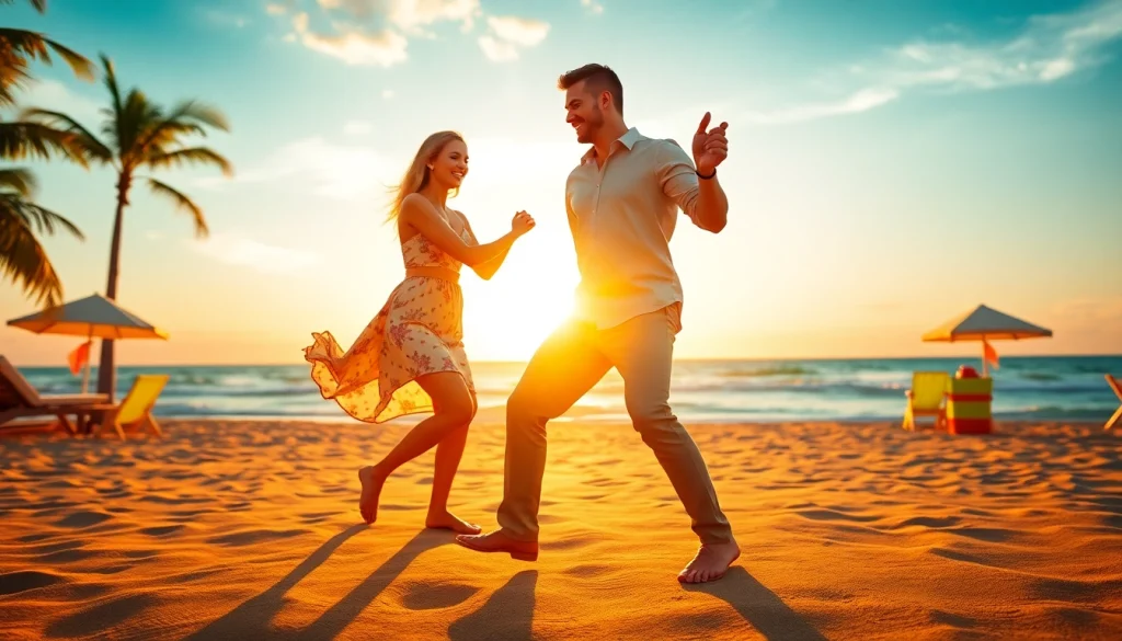 Dancers performing the energetic Carolina Dance on a picturesque beach.