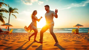 Dancers performing the energetic Carolina Dance on a picturesque beach.