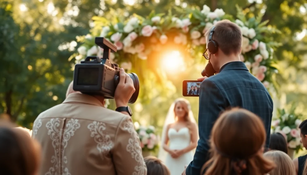 Capture moments with professional event videography services at an outdoor wedding.