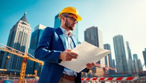 New York Construction Manager overseeing a city construction project amidst iconic skyscrapers.