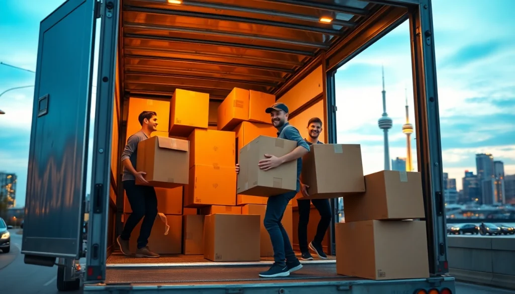 Toronto movers efficiently transporting boxes in a vibrant urban skyline.