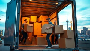 Toronto movers efficiently transporting boxes in a vibrant urban skyline.
