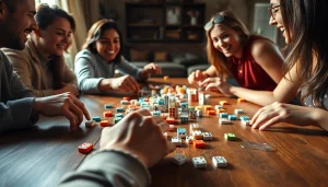 Bermain domino88 game dengan penuh semangat di meja kayu bersama teman-teman