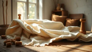 Bekijk ongebleekt katoen, stijlvol gepresenteerd met naaigereedschap en natuurlijk licht.