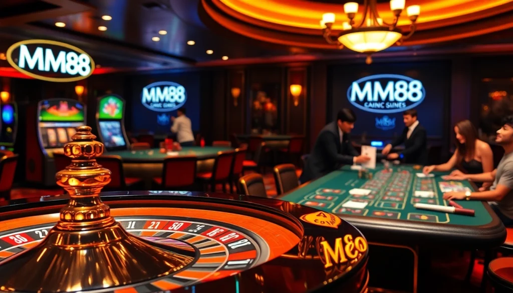MM88 casino excitement with roulette wheel, vibrant chips, and engaged players at the poker table.