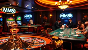 MM88 casino excitement with roulette wheel, vibrant chips, and engaged players at the poker table.