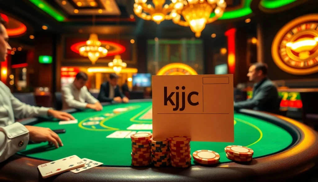 KJC players enjoying a thrilling game at a blackjack table in a luxurious casino setting.