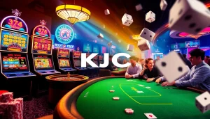 Vibrant KJC casino scene showcasing poker tables, dice, and slot machines for an immersive gambling experience.