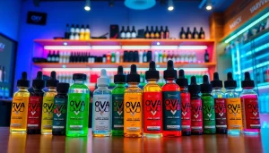 Oxva Liquid in vibrant bottles showcased in a modern vape shop environment.