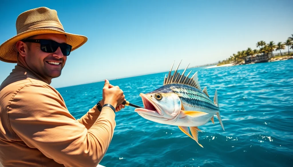 Catch of a vibrant roosterfish fishing Mexico by an excited angler in a tropical setting.