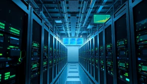 Bitcoin mining operation with advanced miners in a high-tech data center setting.