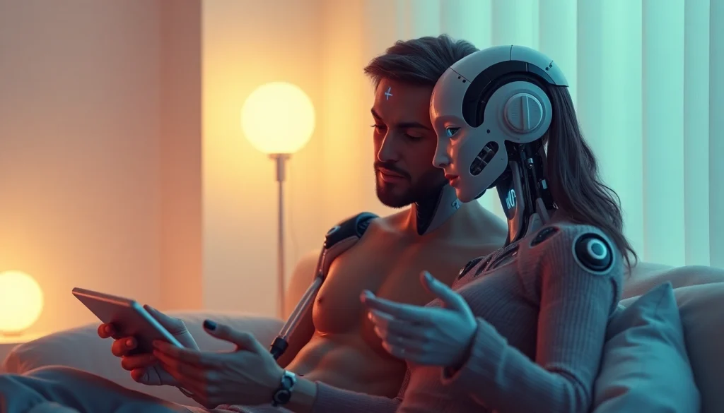 Intimate interaction showcasing ai sex between a humanoid robot and a human in a serene environment.