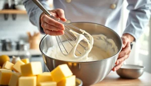 Maak mousseline crème met een romige textuur en glanzende boter in een stijlvolle keuken.