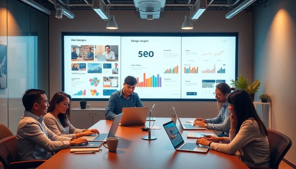 Professional team collaborating on dịch vụ thiết kế website in a modern office setting.