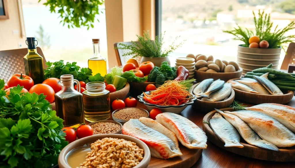 Presenting an array of Mediterranean Diet foods on a rustic table, emphasizing health and freshness.
