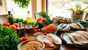 Presenting an array of Mediterranean Diet foods on a rustic table, emphasizing health and freshness.