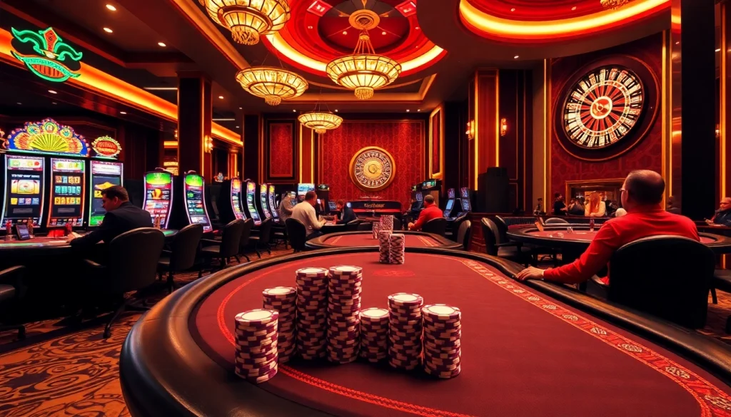 A dynamic scene of gamblers enjoying a luxurious casino experience at https://79king2.sa.com/ with colorful slot machines and engaging card games.