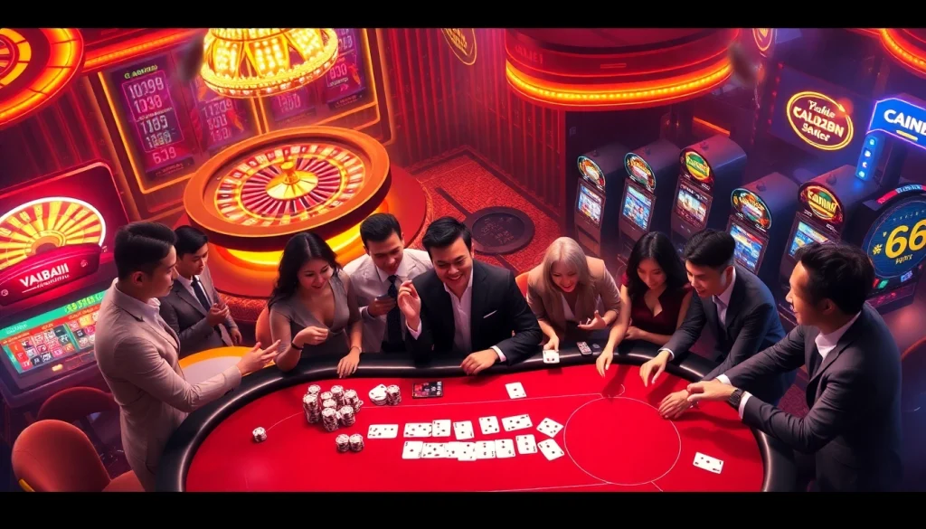 Players enjoying an immersive game at Vuabai9's luxurious online casino featuring poker, roulette, and slot machines.