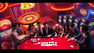 Players enjoying an immersive game at Vuabai9's luxurious online casino featuring poker, roulette, and slot machines.