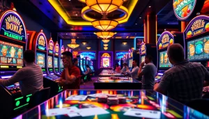 Menampilkan pengalaman bermain PLANET77 game dengan mesin slot berwarna cerah yang terinspirasi kasino.