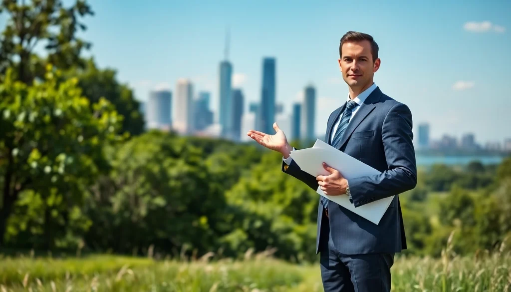 Environmental lawyer advocating for eco-friendly practices in a vibrant urban landscape.