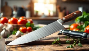 Showcasing a chef’s knife NZ on a wooden cutting board with fresh ingredients around it.