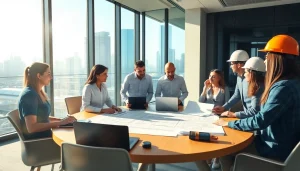 Southern California Contractors Association members discussing plans at a construction meeting.