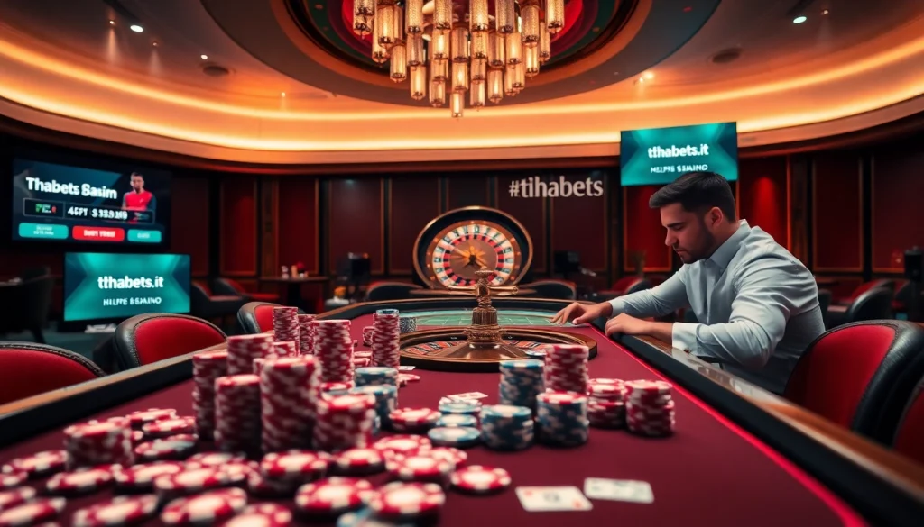 Experience the thrill of gambling at https://thabets.it.com/ with a vibrant poker table and roulette wheel.